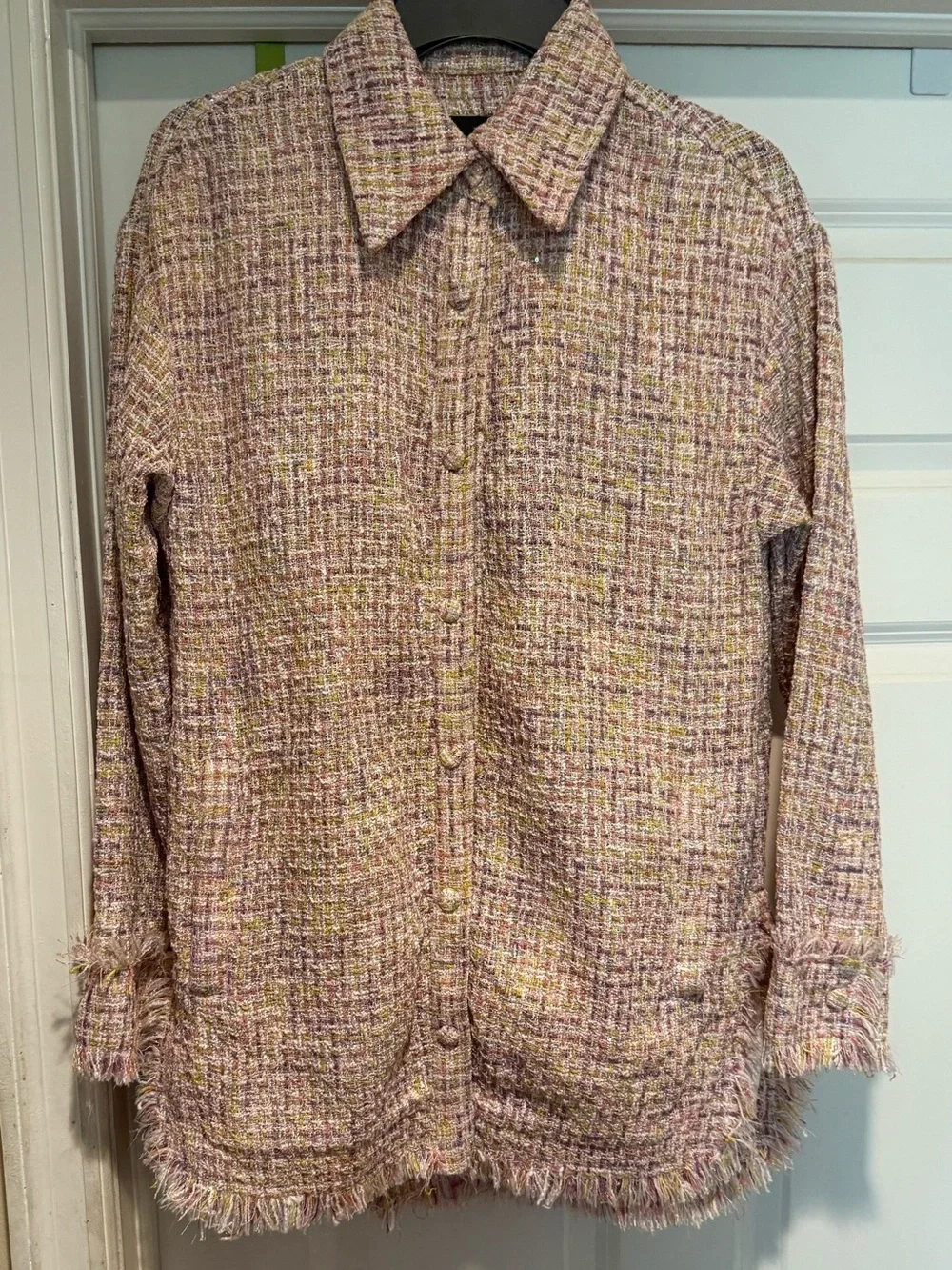 Women’s Texttured Pink Tweed Button-Front Shirt Jacket Size XS